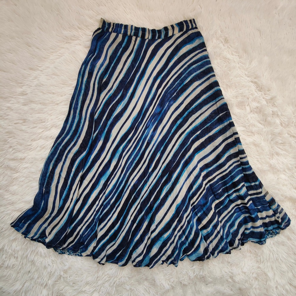 Coldwater Creek Reversible Blue Midi Skirt XS Coastal Boho Abstract Watercolor